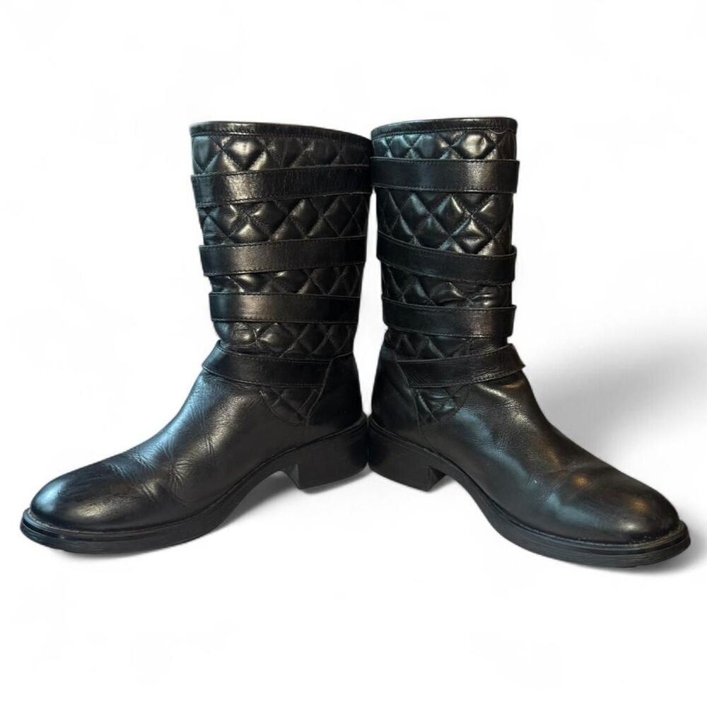 Aquatalia Black Quilted Leather Moto Boots Size 10 Buckle Zip Made in Italy